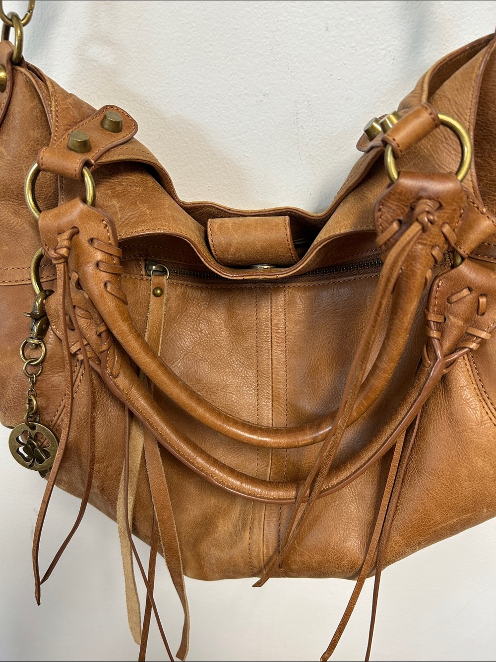 Lucky Brand Y2K Distressed 100% Soft Leather Hobo Fringe Top Handles Crossbody - Picture 5 of 16